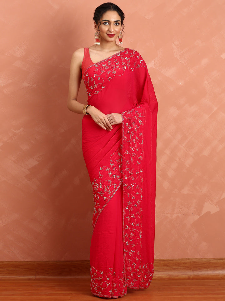 Rani pink Jimmy saree with cut dana & Swarovski hand embroidery