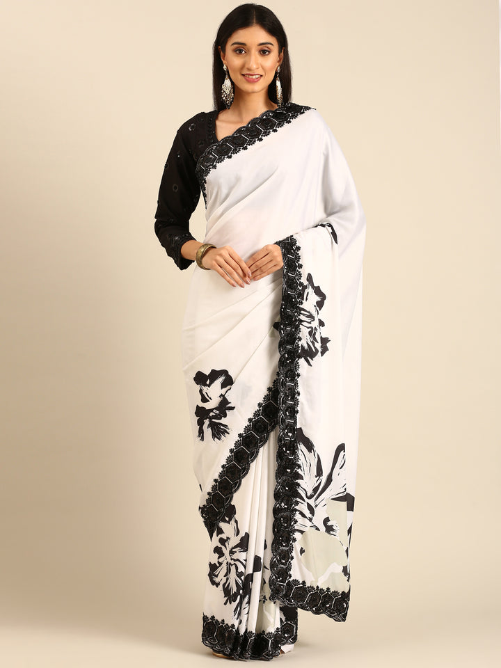 Black & White Satin Printed Saree With Hand Embroidery & Readymade Blouse
