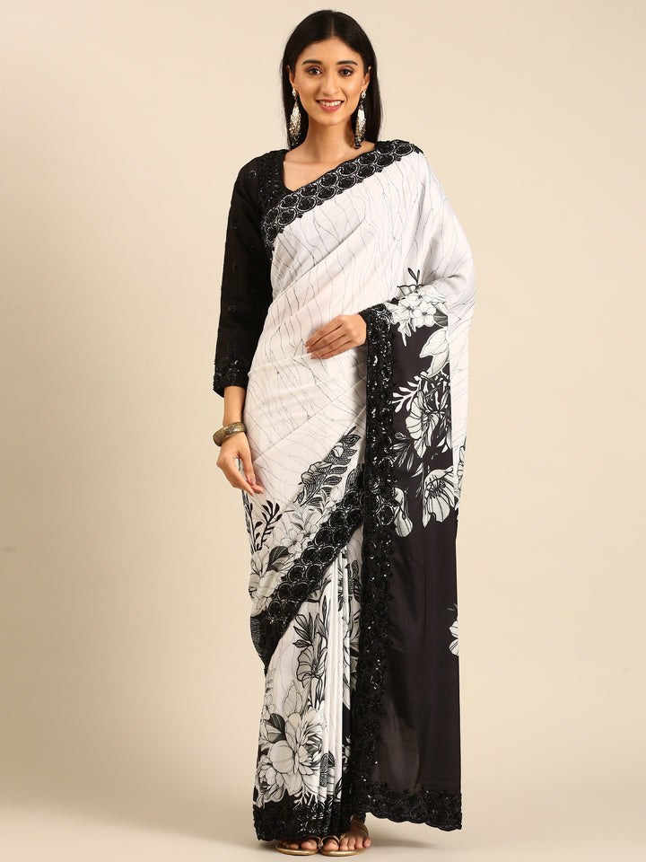 Black & White Satin Printed Saree With Hand Embroidery & Readymade Blouse