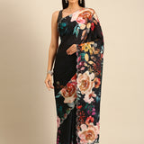 Black Satin Floral Printed Saree With Swarovski Embroidery