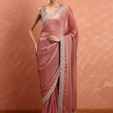 Onion pink tissue saree with Swarovski & cut Dana embroidery & ready made blouse