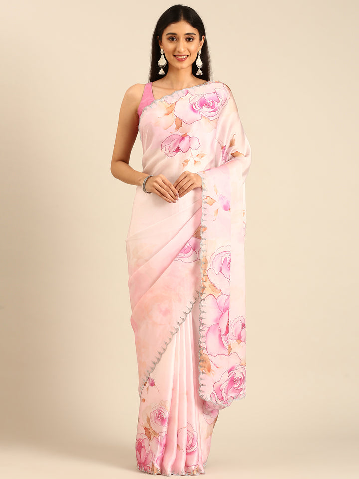 Pink satin floral printed saree with Swarovski embroidery
