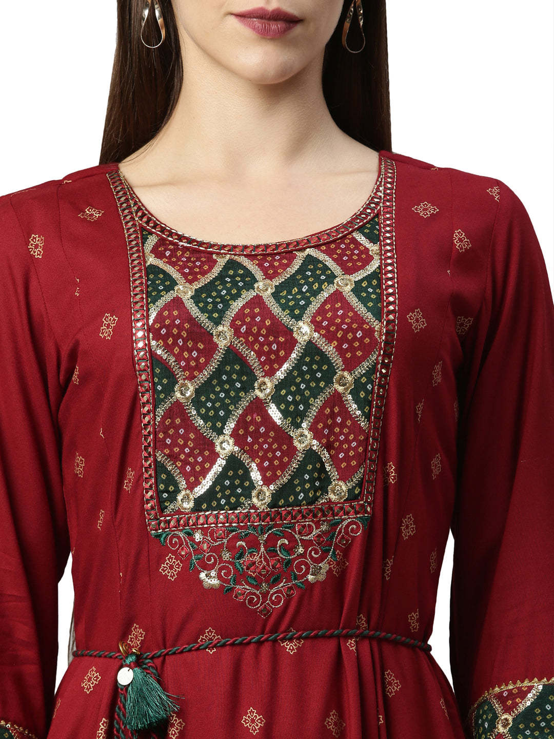 Neerus Maroon embroidered anarkali kurta with flared sleeves - detail view 2
