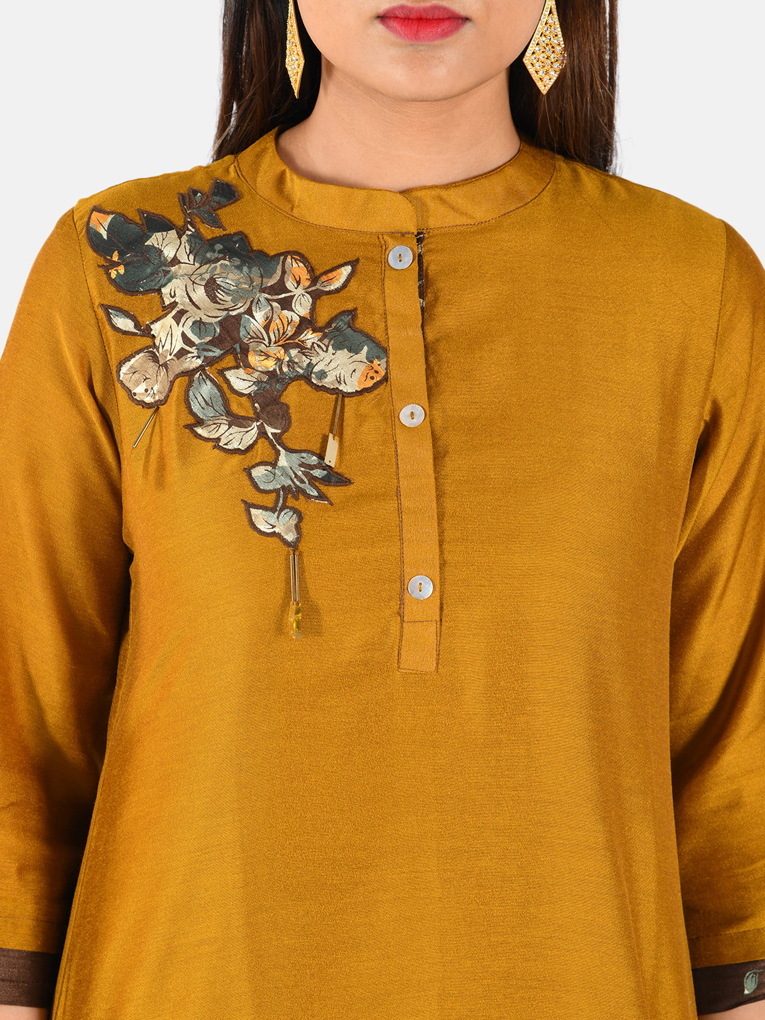 Neerus Women Mustard Yellow Solid A-Line Kurta with Applique Detail