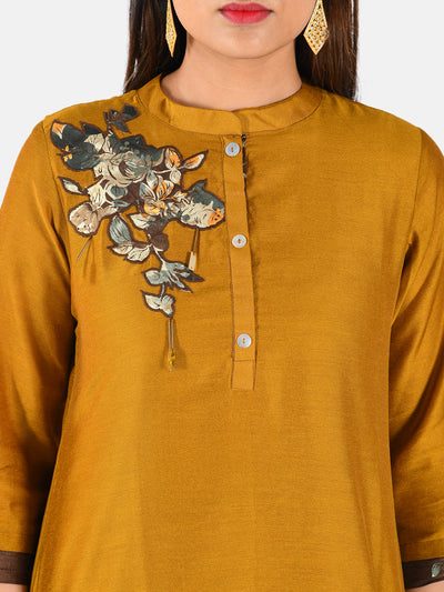 Neerus Women Mustard Yellow Solid A-Line Kurta with Applique Detail