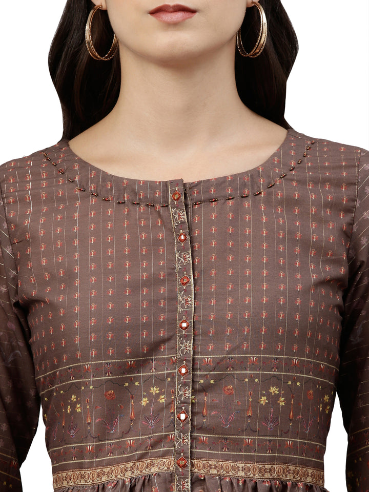 Neerus Brown printed anarkali kurta ethnic motifs - back view