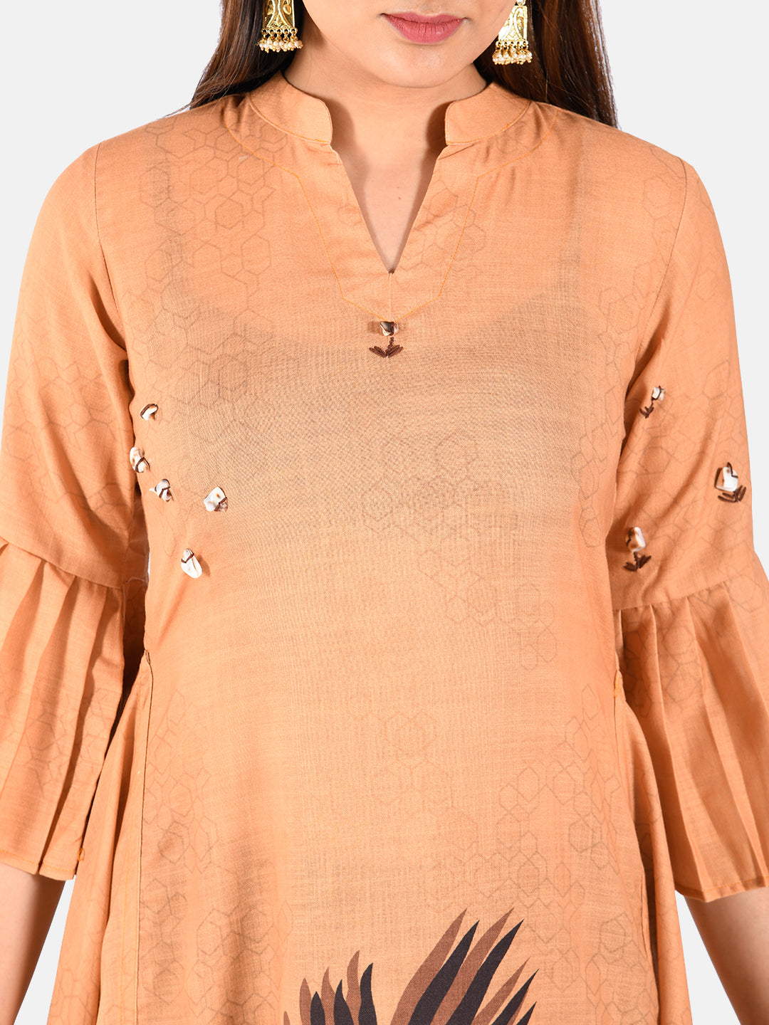 Neerus Beige printed A-Line kurta - detail view 1