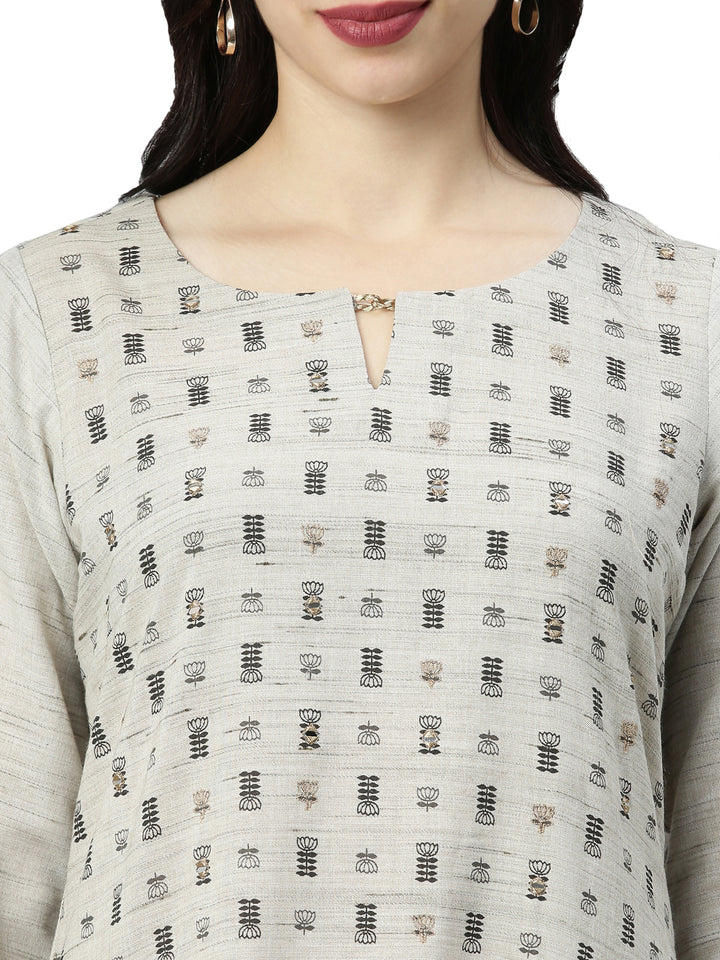 Neerus Women Grey Ethnic Motifs Printed Keyhole Neck Kurta