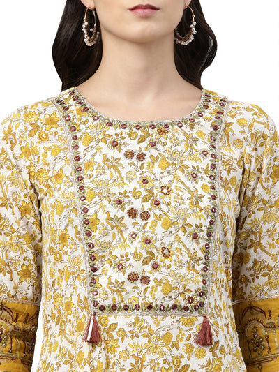 Neerus Women Mustard Yellow  White Ethnic Motifs Printed Anarkali Kurta