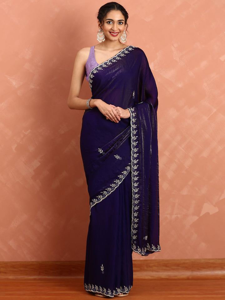 Purple Jimmy tissue saree with hand embroidery