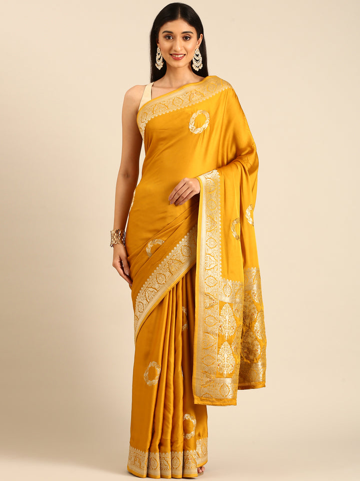 Yellow Banaras Silk Saree With Rich Zari Motifs And Border