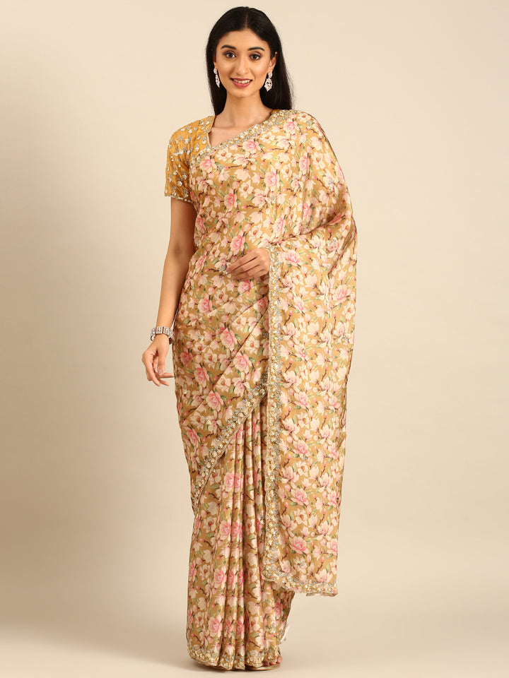 Yellow Floral Printed Satin Saree With Pearls & Sequins Embroidery With Heavy Readymade Blouse