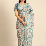 Blue floral printed satin saree with pearls & sequins embroidery with heavy ready made blouse