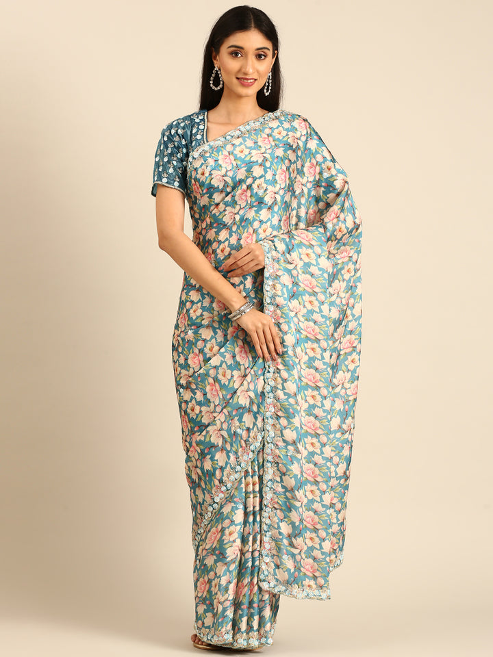 Blue floral printed satin saree with pearls & sequins embroidery with heavy ready made blouse
