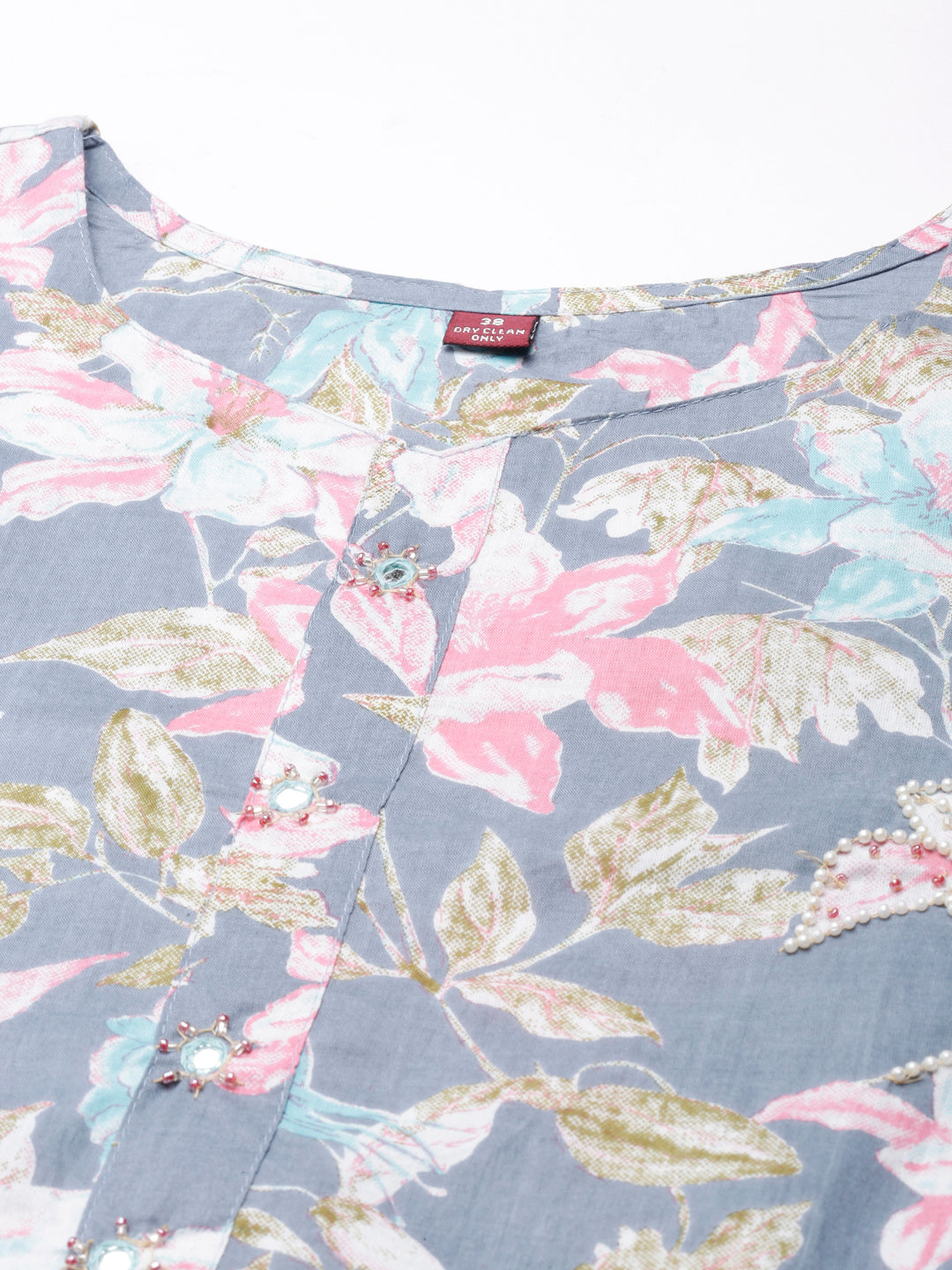 Neerus Grey printed floral straight kurta - detail view 1
