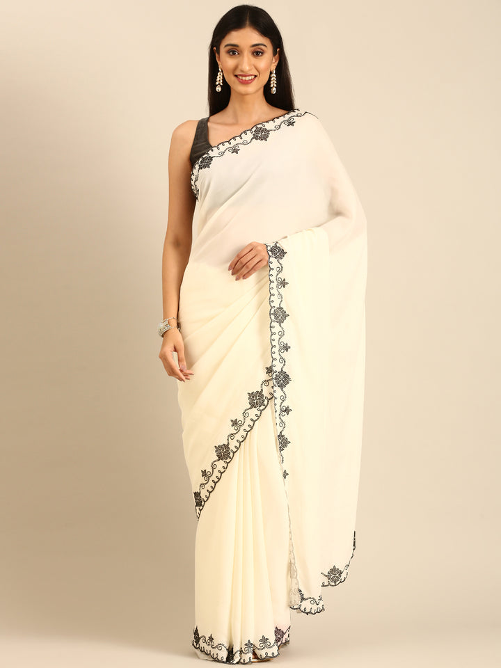 Cream satin saree with Swarovski embroidered border