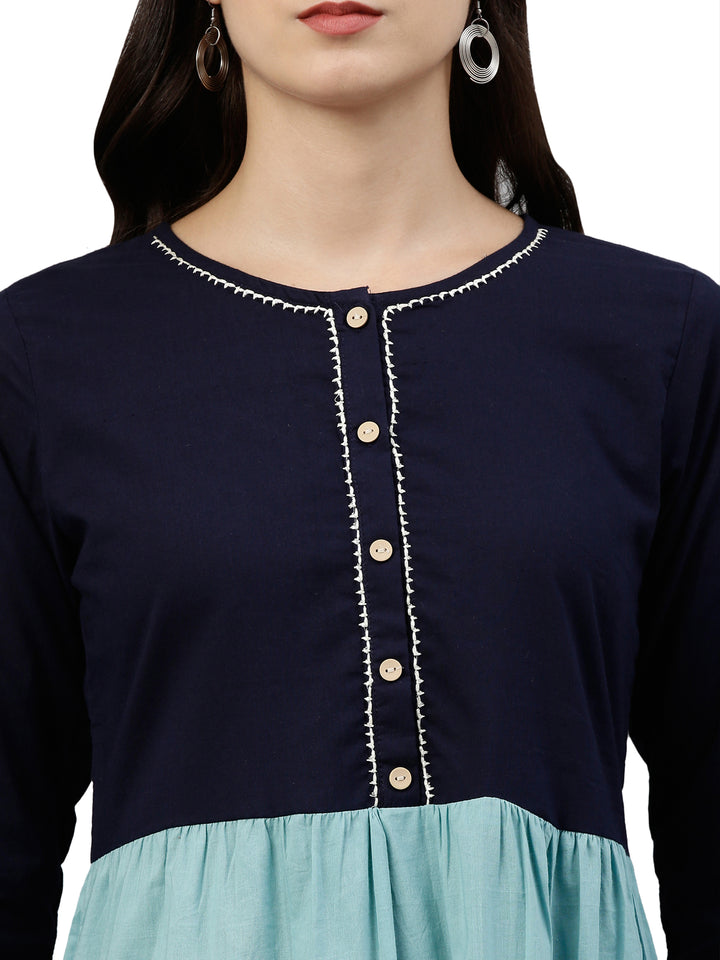 Neerus Blue rayon tiered kurti - detail view 1
