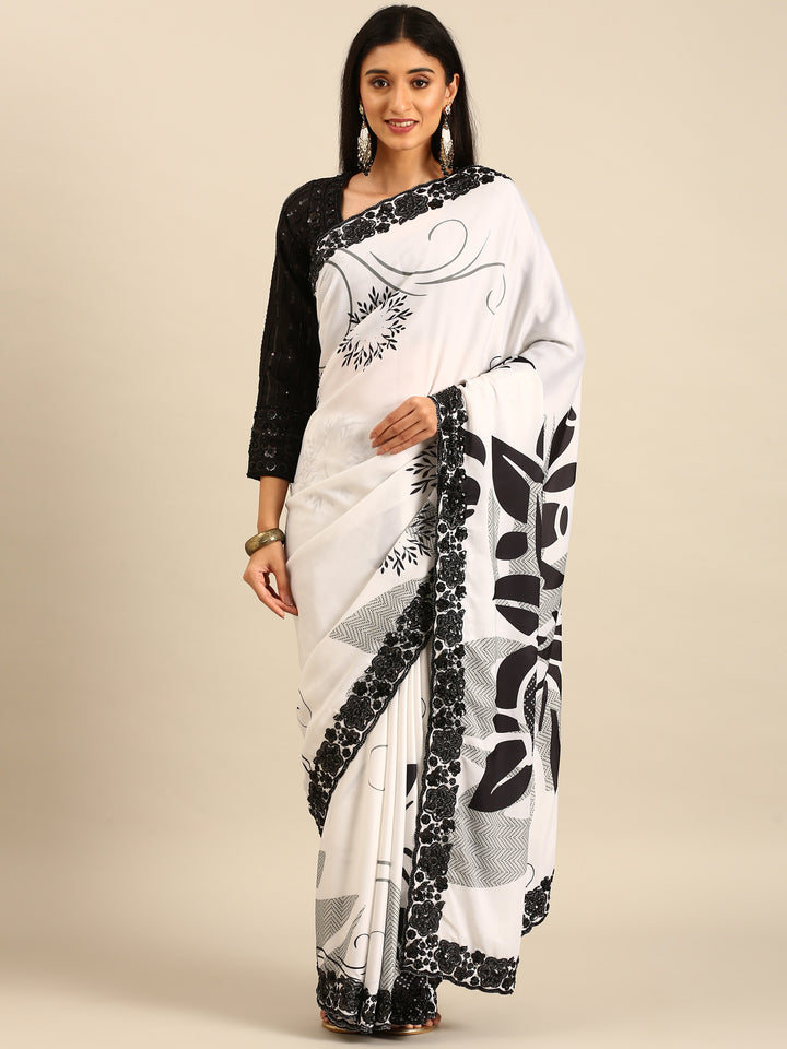 Black & White Satin Printed Saree With Hand Embroidery & Readymade blouse