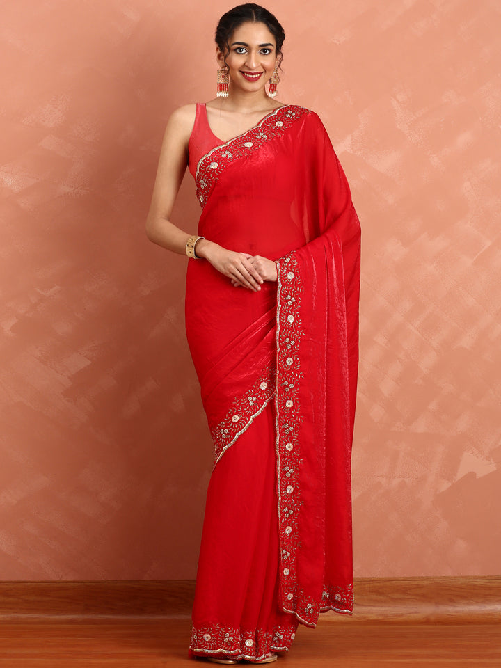 Red jimmy saree with stones and Swarovski hand embroidery