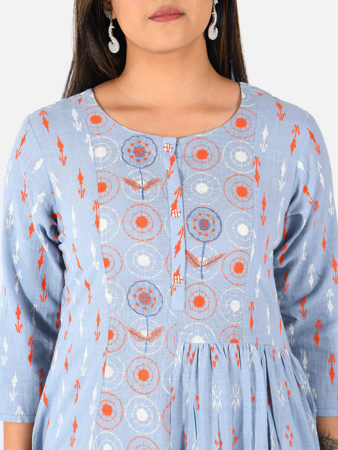 Neerus Blue cotton printed straight kurta - detail view 1