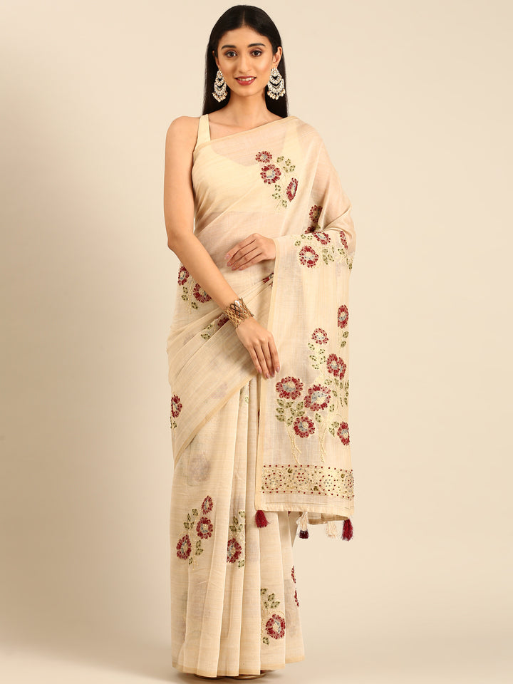Cream Chanderi Silk With French Knot Contrast Thread Work And Sequence