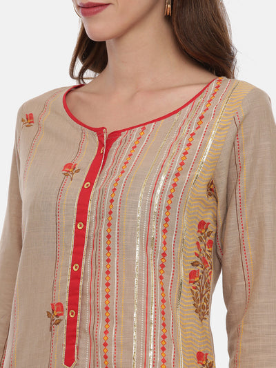 Neerus Women Beige Red Printed Kurta with Trousers
