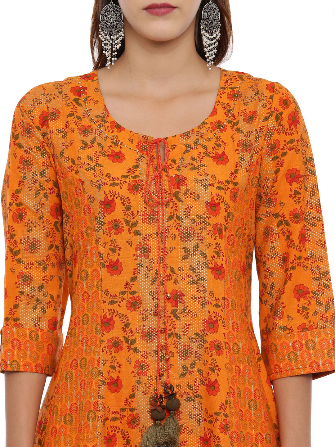 Neerus Orange printed suit set with trouser and dupatta - back view