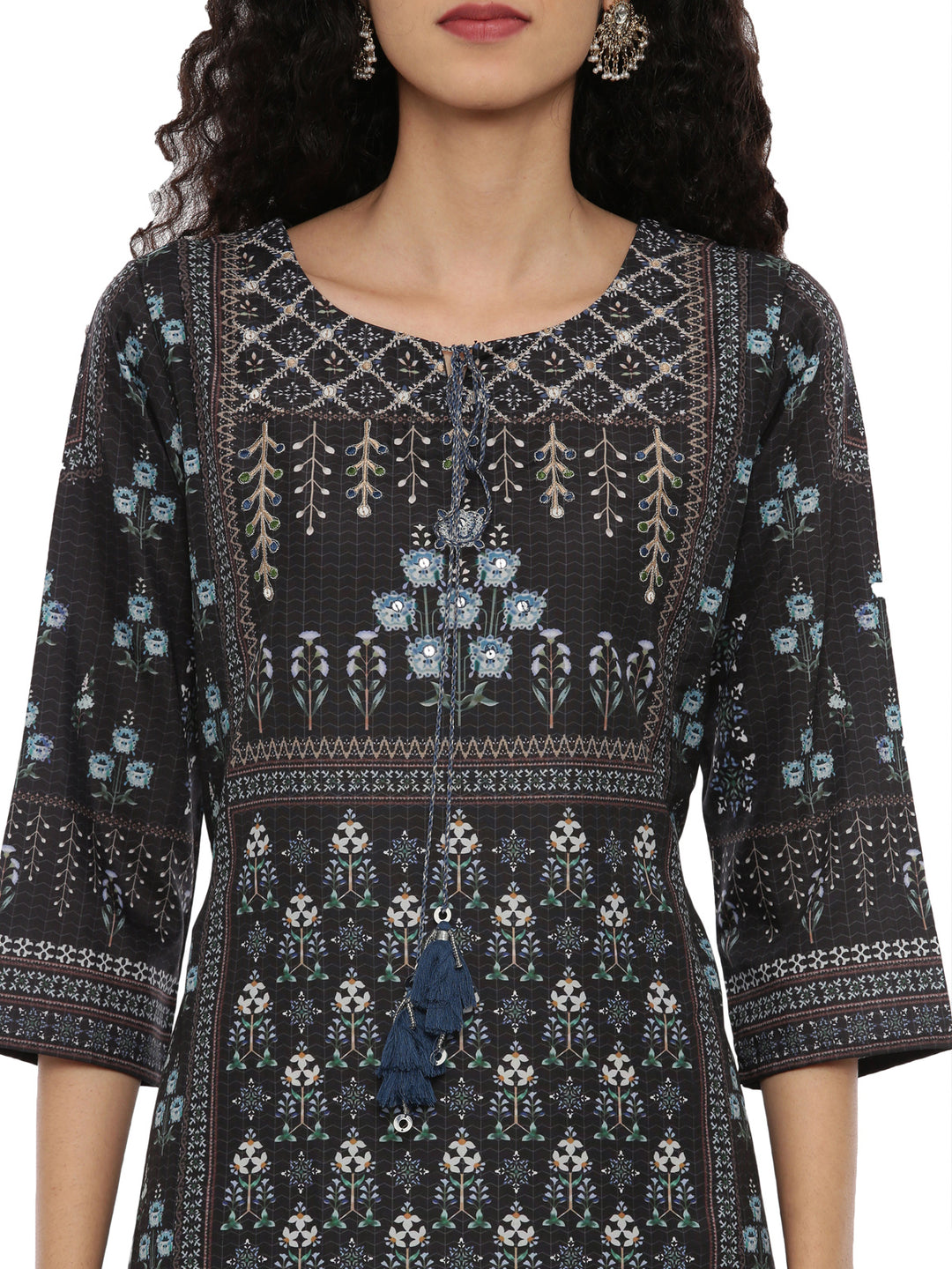 Neerus Black printed A-line kurti - detail view 1