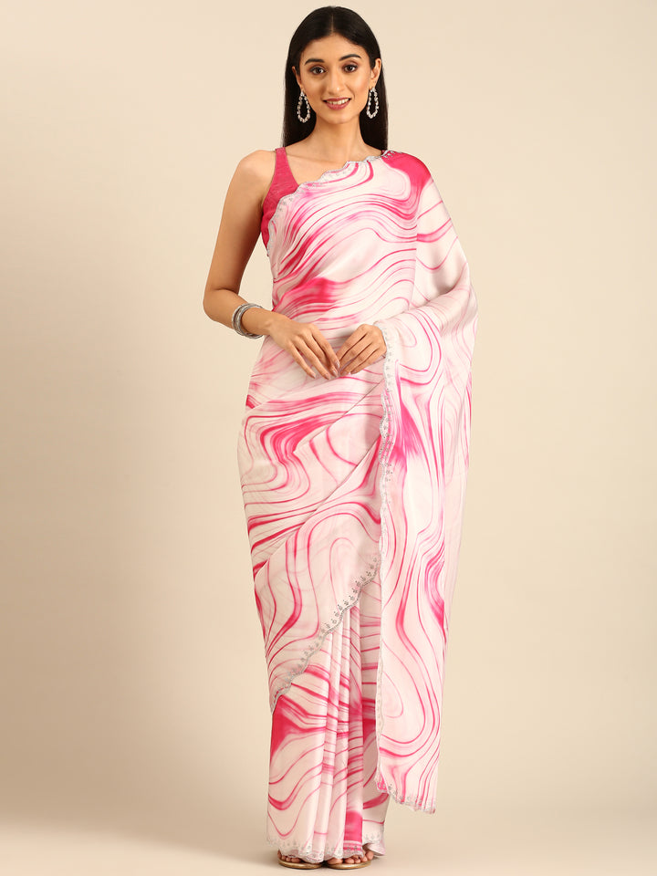 White & Pink satin saree with Swarovski embroidery