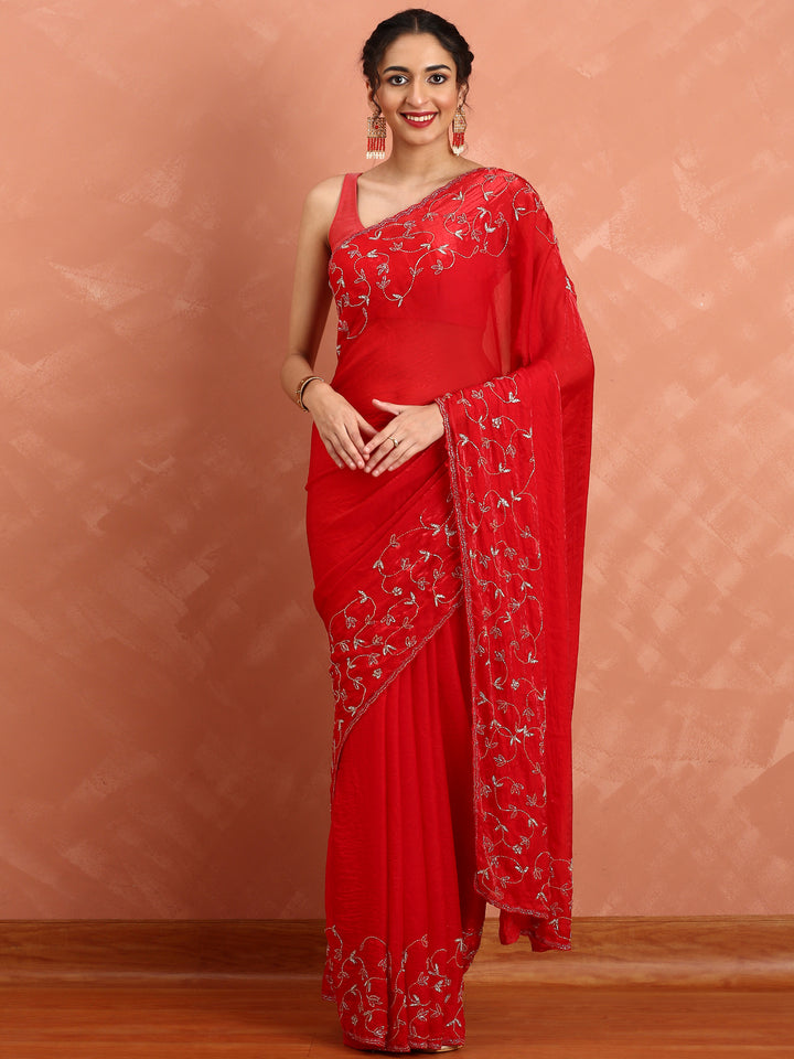 Red pink Jimmy saree with cut dana & Swarovski hand embroidery