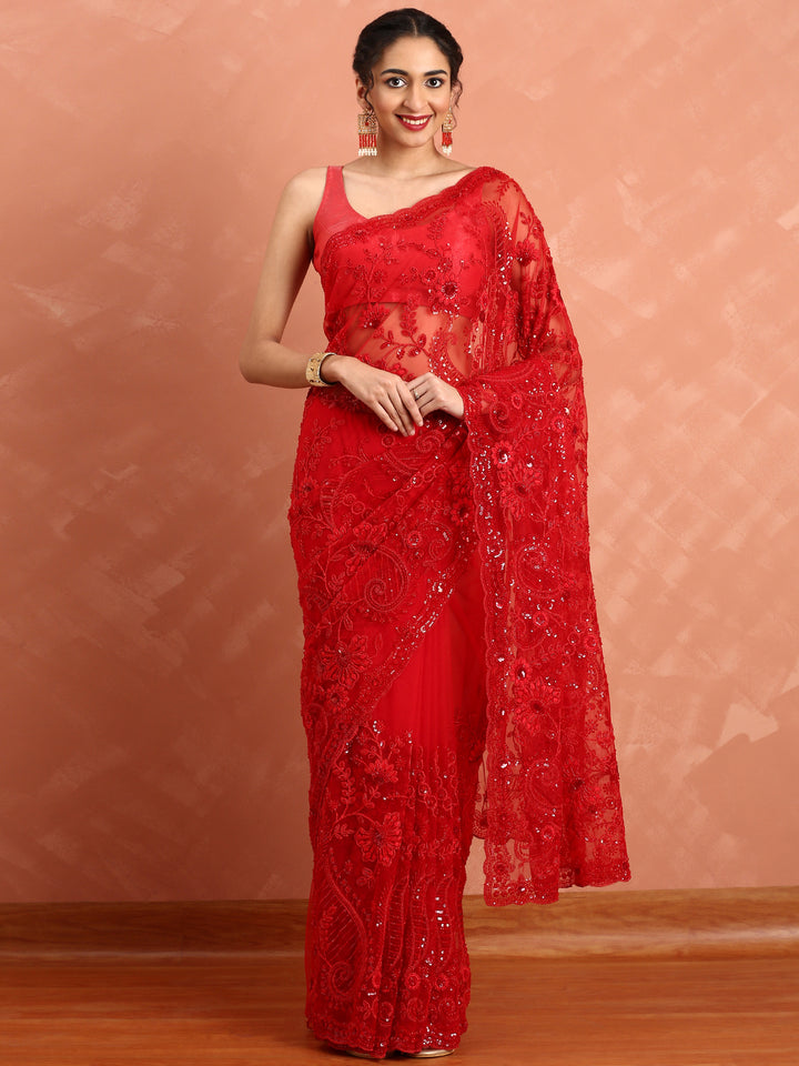 Red net saree with pearl and sequins hand embroidery with scallop border