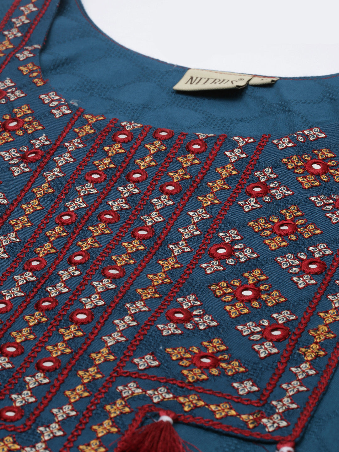Neerus Blue mirror work straight kurta ethnic yoke design - detail view 1