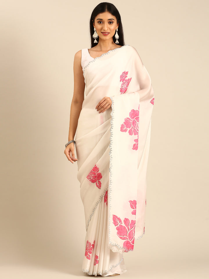 Cream Satin Saree With Pink Printed Motifs With Swarovski Embroidery