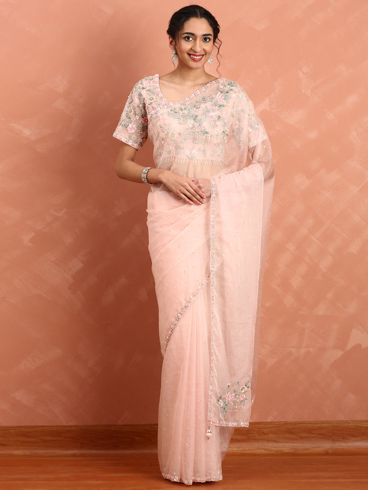 Peach Organza saree Resham & cut Dana heavy embroidery with ready made blouse