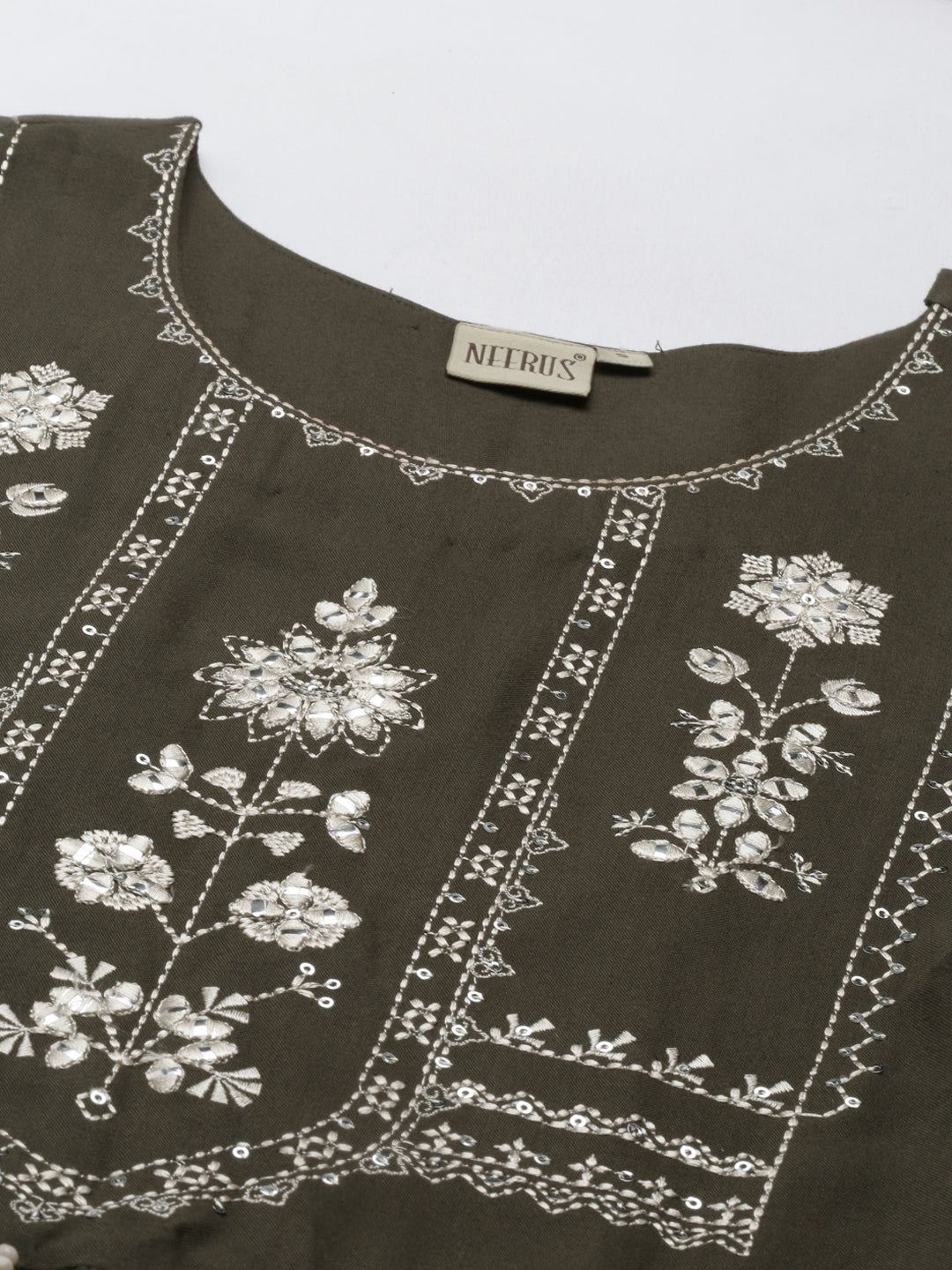 Neerus Green thread embroidered anarkali kurta - detail view 1