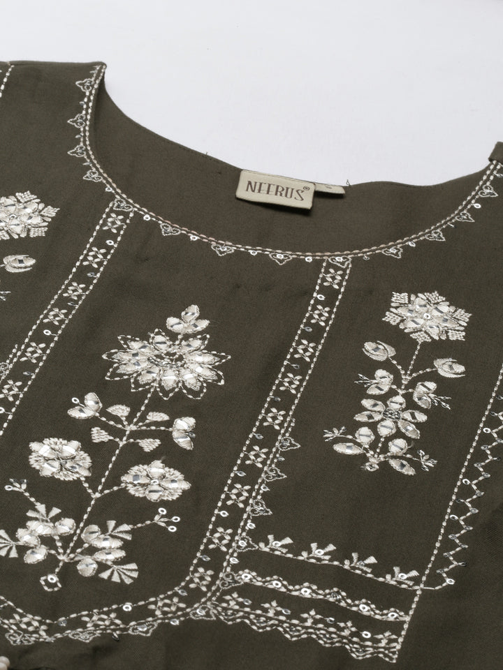 Neerus Green thread embroidered anarkali kurta - detail view 1