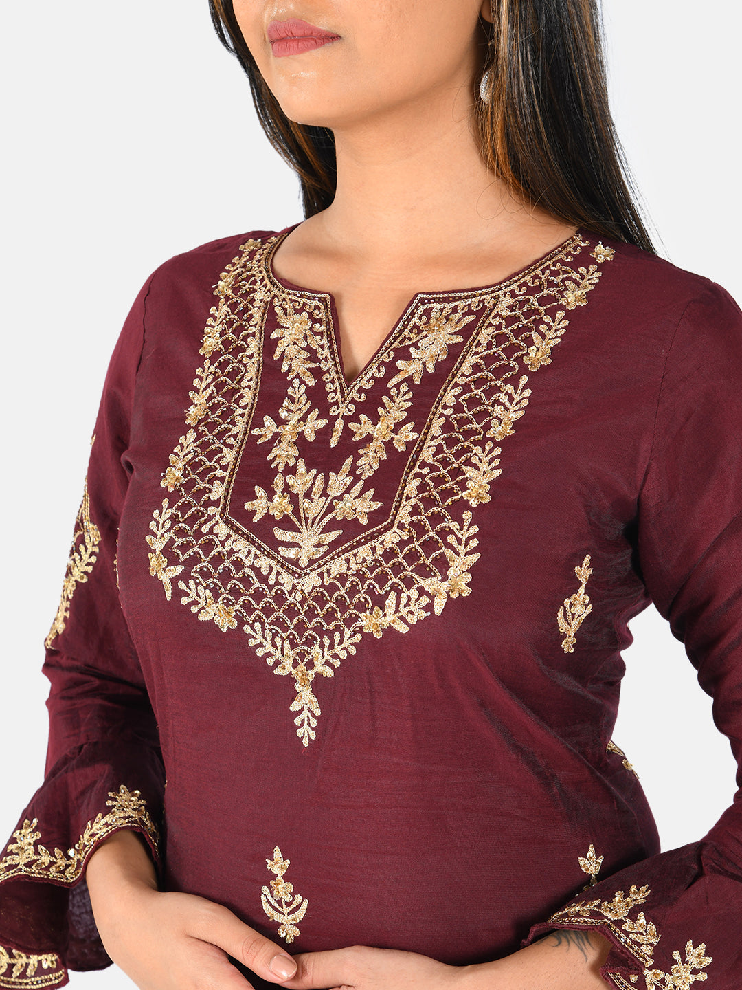 Neerus Maroon embroidered straight kurta - detail view 1