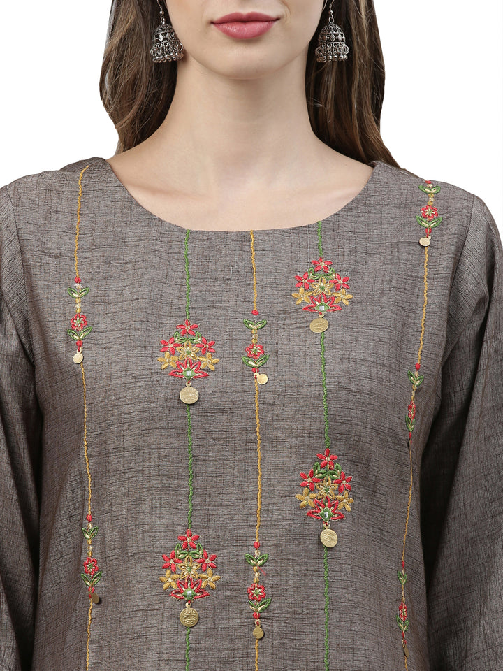 Neerus Grey embroidered suit set kurta palazzo dupatta - detail view 3