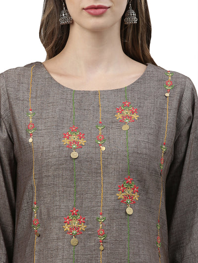 Neerus Women Grey Embroidered Kurta with Palazzos and Dupatta