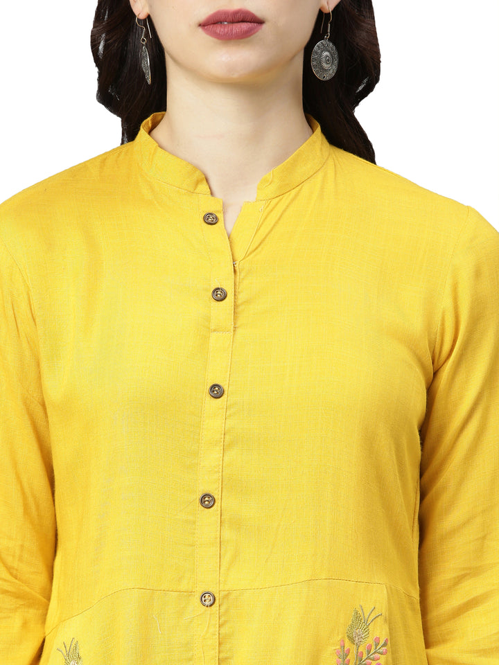 Neerus Yellow cotton solid kurti - detail view 2