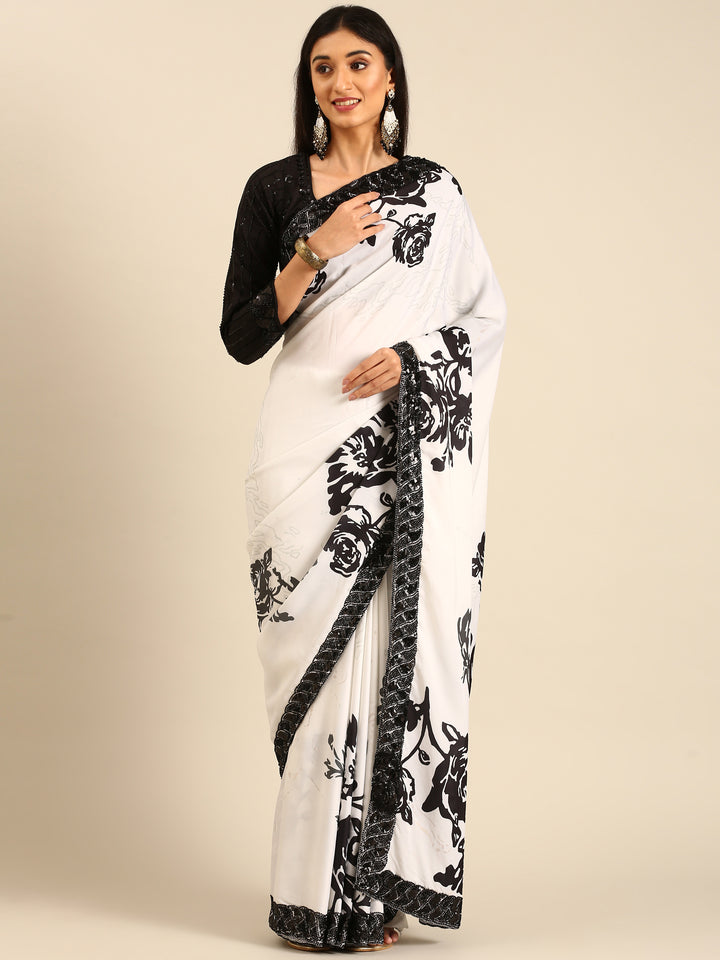 Black & White Satin Printed Saree With Hand Embroidery & Readymade Blouse