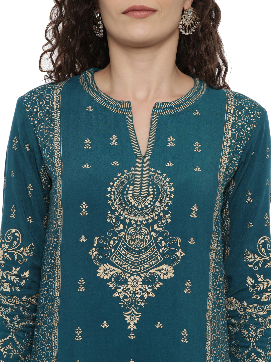 Neerus Green viscose rayon printed kurti - detail view 1