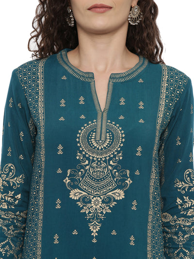 NEERU'S RAMA COLOR RAYON FABRIC PRINTED KURTA