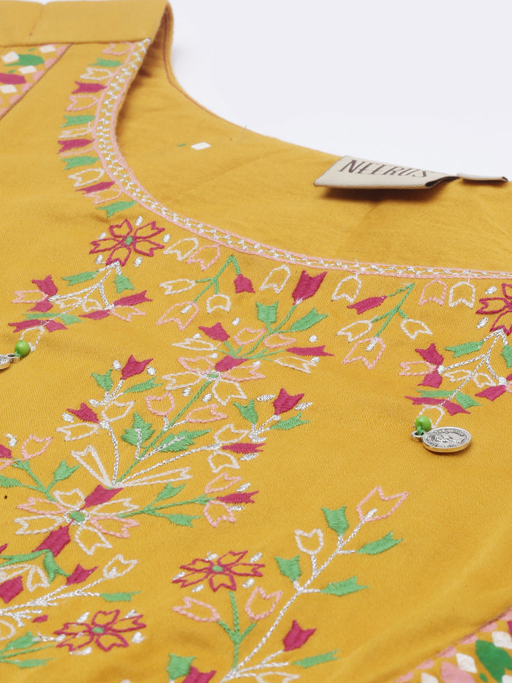 Neerus Women Mustard Floral Embroidered Kurta
