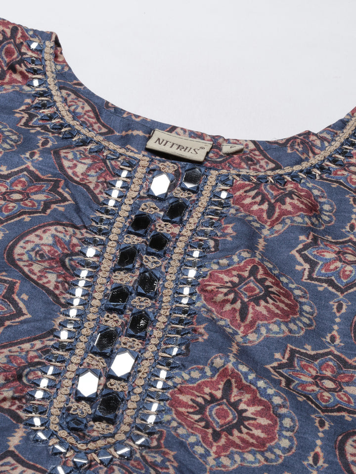 Neerus Women Blue Ethnic Motifs Printed Dupion Silk Kurta with Trousers
