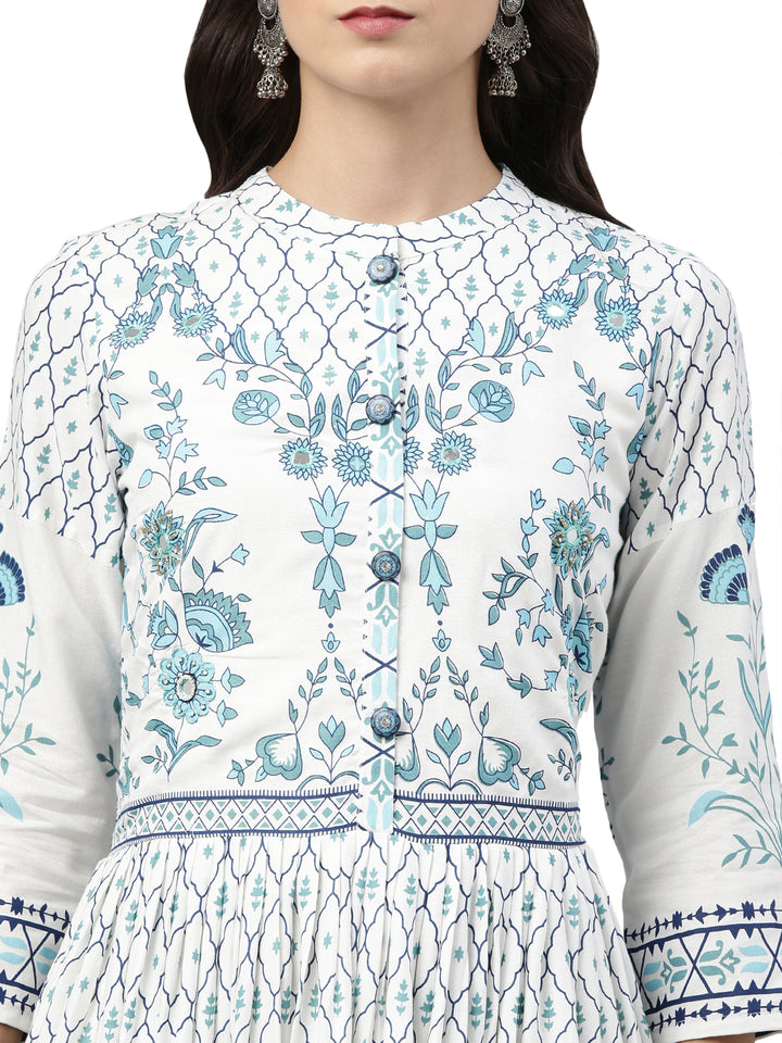 Neerus Women White  Blue Floral Printed Mirror Work Anarkali Kurta
