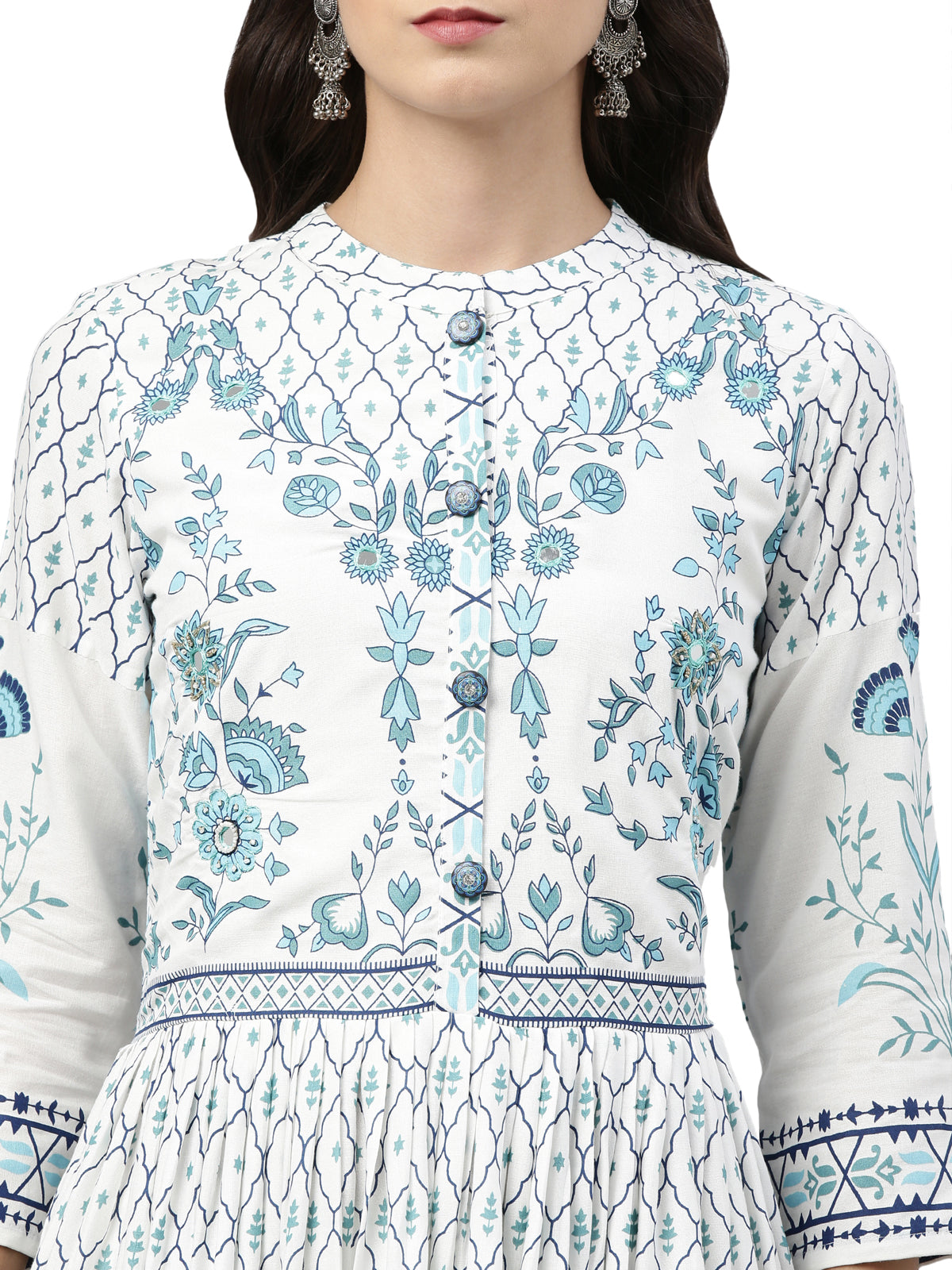 Neerus Women White  Blue Floral Printed Mirror Work Anarkali Kurta