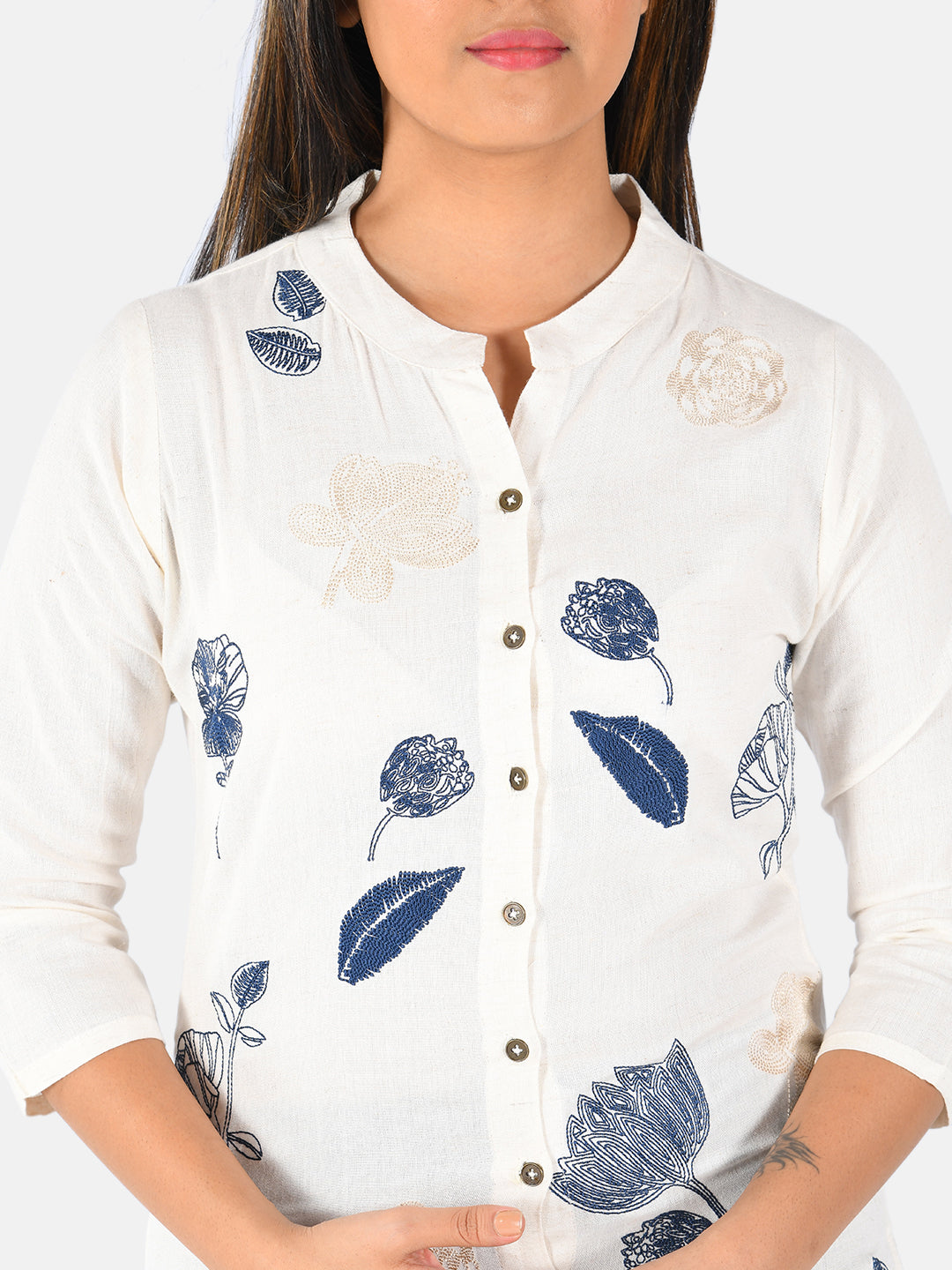 Neerus White cotton embroidered kurti - detail view 1