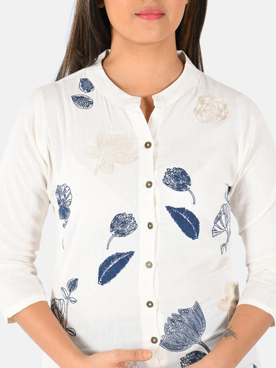 Neerus Women Off-White  Navy Blue Embroidered Straight Kurta