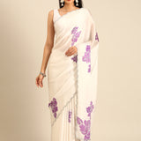 Off white printed satin saree with lavender motifs & Swarovski embroidery
